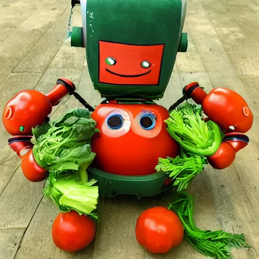 Image similar to robot made of vegetables with big tomato head and a carrot sword, made in abyss style