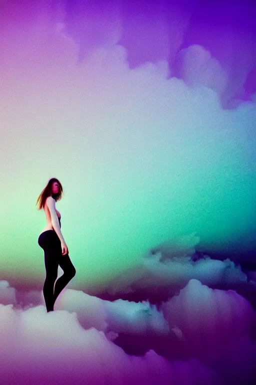 Image similar to high quality pastel coloured film close up wide angle photograph of a model wearing clothing swimming on cloud furniture in a icelandic black rock!! environment in a partially haze filled dreamstate world. three point light, rainbow. photographic production. art directed. pastel colours. volumetric clouds. pastel gradient overlay. waves glitch artefacts. extreme facial clarity. 8 k. filmic.