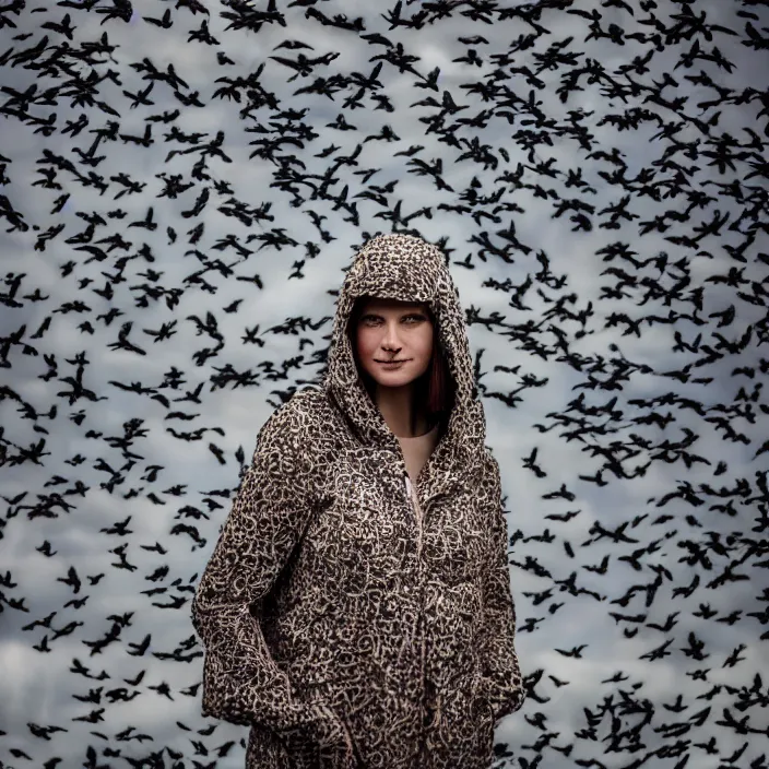 Image similar to a closeup portrait of a woman wearing a hood made of birds, in an abandoned theme park, by helen warner, canon eos c 3 0 0, ƒ 1. 8, 3 5 mm, 8 k, medium - format print