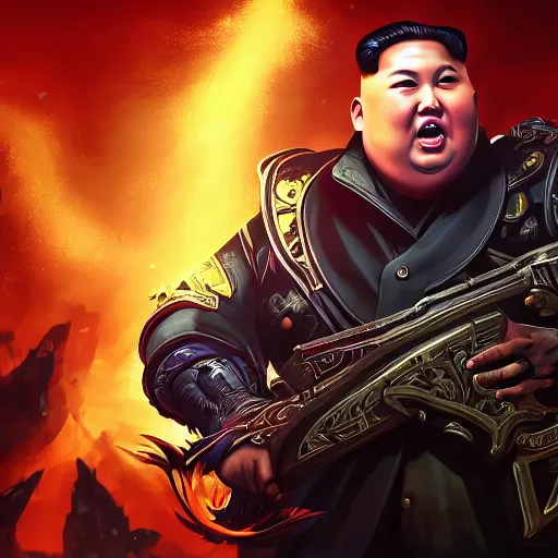 Image similar to portrait of kim - jong un as a spellcaster, league of legends amazing splashscreen artwork, gears of war, propaganda, sovjet, splash art, natural light, elegant, photorealistic facial features, intricate, fantasy, detailed face, atmospheric lighting, anamorphic lens flare, cinematic lighting, league of legends splash art, hd wallpaper, ultra high details by greg rutkowski