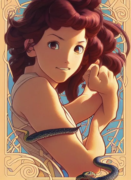 Image similar to cute snake trading card design, natural lighting, path traced, highly detailed, high quality, digital painting, by don bluth and ross tran and studio ghibli and alphonse mucha, artgerm