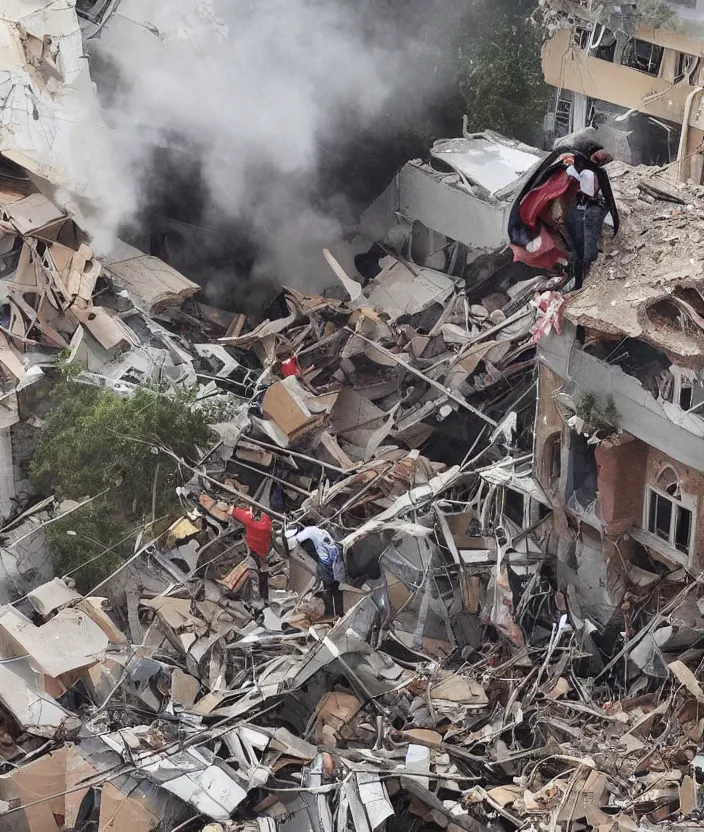 Image similar to gigantic muscular superhero holding up collapsing roof to protect civilians. giant protector protecting people trapped in a crumbling building. colossal superhuman clearing away debris to save citizens.