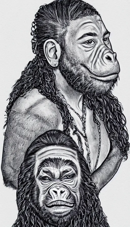 Prompt: ball pen illustration of Post Malone with a gorilla on his back