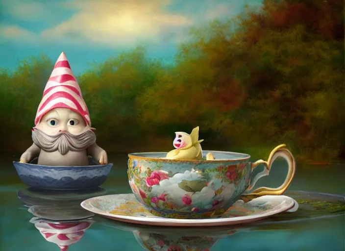 Image similar to a garden gnome sailing in a teacup, whimsical background of a reflective pond on a sunny day with dramatic clouds, an ultrafine detailed painting by mark ryden, trending on deviantart, pop surrealism, whimsical, lowbrow, joyous