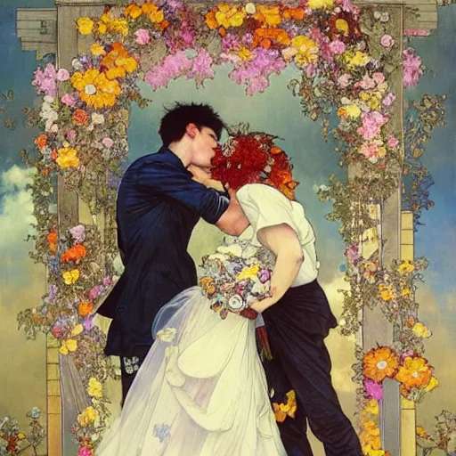 Image similar to the groom kisses the bride at a wedding full of flowers, bright and happy, dreamlike art, highly detail, 4 k realistic, wedding photoy krenz cushart. artem demura. alphonse mucha. yoji shinkawa artgerm. jon lothian. danilo torres. adi meyers. thomas reimann. gaston bussiere.