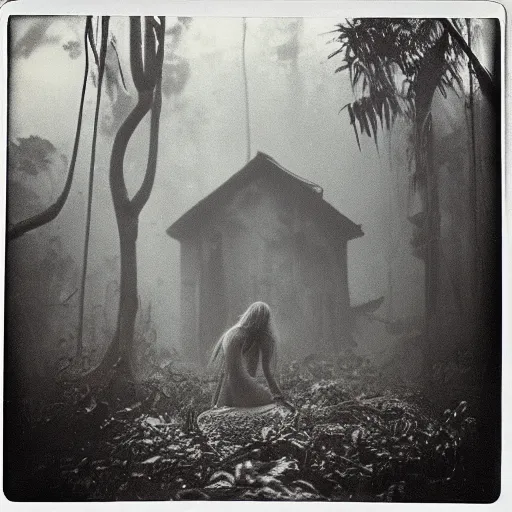 Image similar to an ancient evil-girl devouring the human souls on a mysterious Colombian jungle, mist, abandoned house, 1910 polaroid photography, grainy film, Black and white