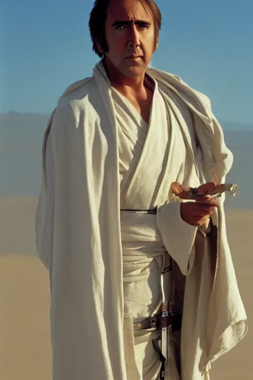 Image similar to A portrait photograph of Nicolas Cage as Luke Skywalker, wearing a white robe, in the dunes of Tatooine, award winning, by Annie Liebowitz