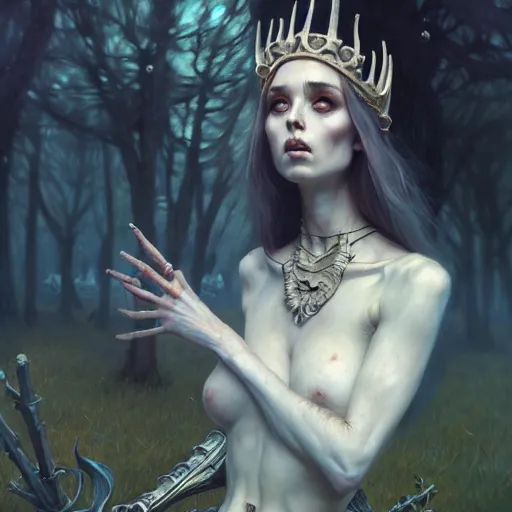 Prompt: bone queen, beautiful girl, full body, bone throne, in a cemetary, realistic, serov, surikov, vasnetsov, repin, kramskoi, insanely detailed, charlie bowater, tom bagshaw, high resolution, octane rendered, unreal engine, illustration, trending on artstation, masterpiece, 8 k