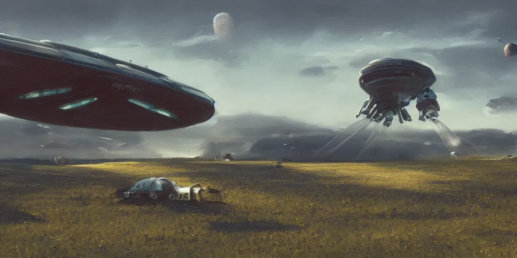 Image similar to a spaceship taking off from a field, by stalenhag, cinematic lighting, detailed oil painting, hyperrealistic, 8k