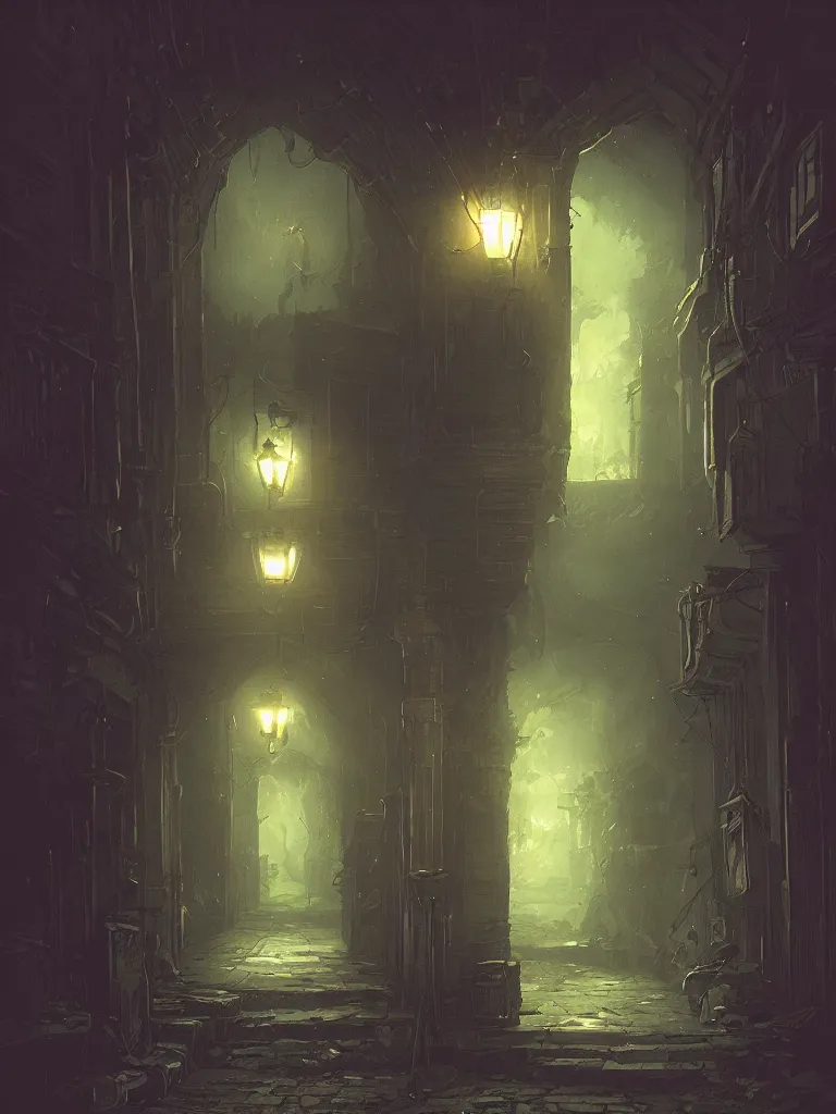 Image similar to a nightscene with a dark alley at the end an illuminated door in the style of greg rutkowski and hiromasa ogura