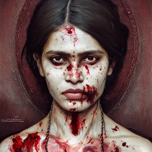 Image similar to portrait painting of a bloodied north bengali female butcher, ultra realistic, concept art, intricate details, eerie, highly detailed, photorealistic, octane render, 8 k, unreal engine. art by artgerm and greg rutkowski and alphonse mucha