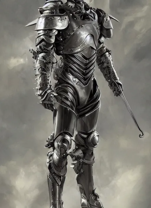 Image similar to powerful male tin man, christian bale as tinman, full body character concept, covered in full metal armor, plating, art nouveau, super powers, fantasy, intricate, elegant, highly detailed, digital painting, artstation, concept art, shining, sharp focus, illustration, art by stanley lau