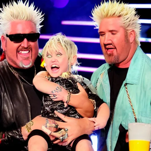 Image similar to miley cyrus and guy fieri holding their baby