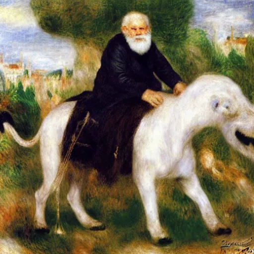 Image similar to old man ( wise long white beard wearing a hooded tunic ) riding on lions back by renoir