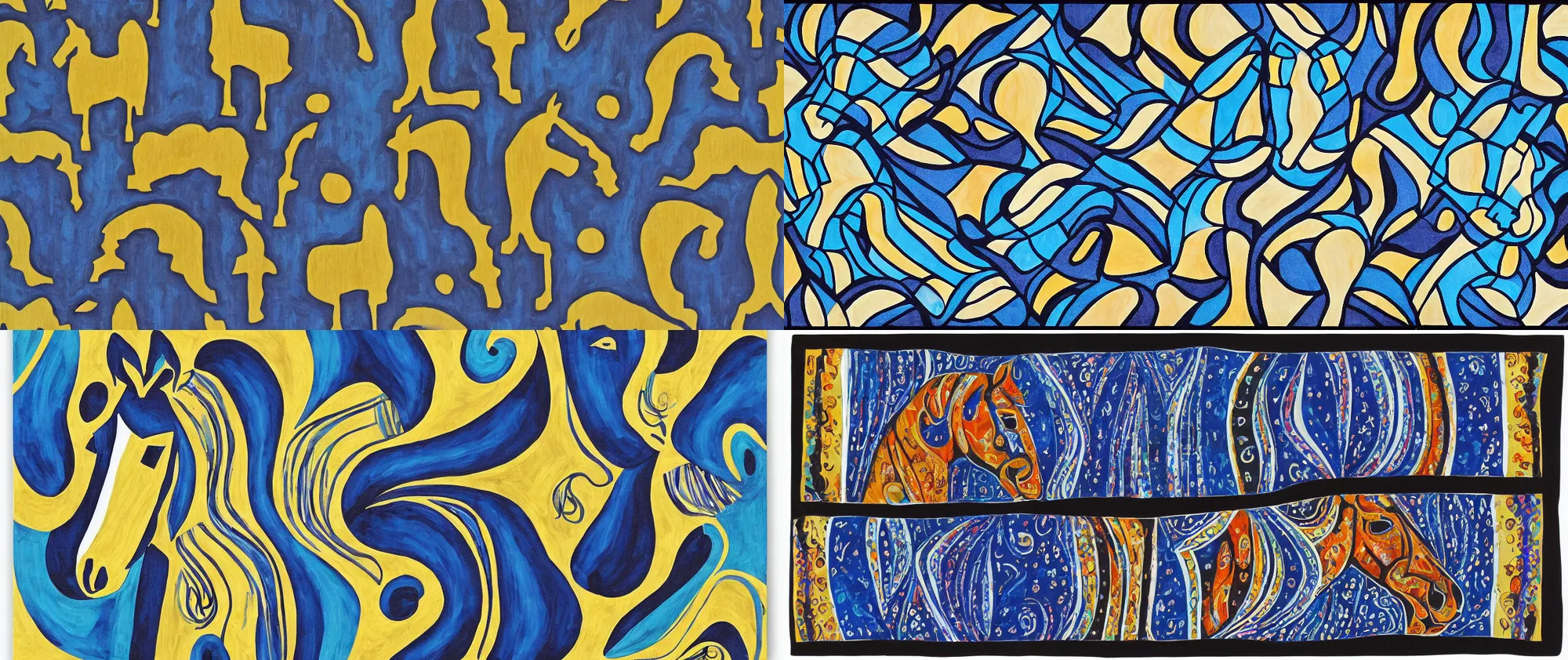 Prompt: a couple of horse, black and blue scheme, by laurel burch