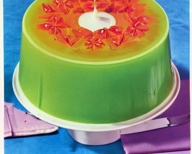 Image similar to 1970's cookbook color photograph of jello cake ambrosia detail high detail