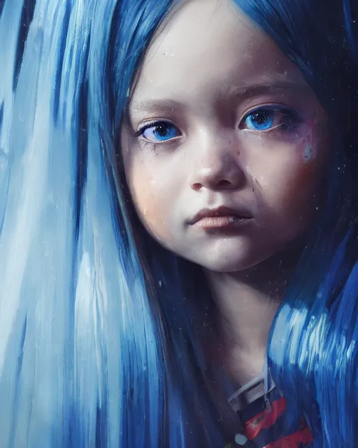 Image similar to a highly detailed oil painting of A little girl, in professional makeup, with medium length blue hair covering an eye, and a tall tree, and large obsidian crystals, cinematic lighting, dramatic atmosphere, by Dustin Nguyen, Akihiko Yoshida, Greg Tocchini, Greg Rutkowski, Cliff Chiang, 4k resolution, trending on artstation