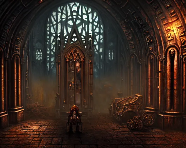 Image similar to steam necropolis, memento mori, gothic, neo - gothic, art nouveau, hyperdetailed copper patina medieval icon, stefan morrell, philippe druillet, ralph mcquarrie, concept art, steampunk, unreal engine, detailed intricate environment, octane render, moody atmospherics, volumetric lighting, ultrasharp, ominous, otherworldly