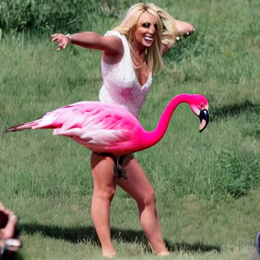 Prompt: britney spears riding on the back of a flamingo