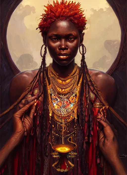 Image similar to : african shamen Shango fantasy, fantasy magic, , intricate, sharp focus, illustration, highly detailed, digital painting, concept art, matte, art by WLOP and Artgerm and Greg Rutkowski and Alphonse Mucha, masterpiece