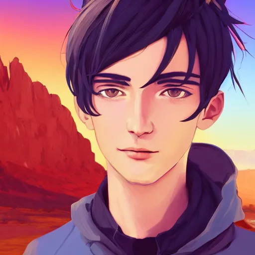 Image similar to ⁠portrait of Félix Lengyel(xqc), New Mexican desert background, rich vivid colors, ambient lighting, dynamic lighting, 4k, HQ, official media, anime key visual, makoto shinkai, ilya kuvshinov, lois van baarle, rossdraws, detailed, trending on artstation