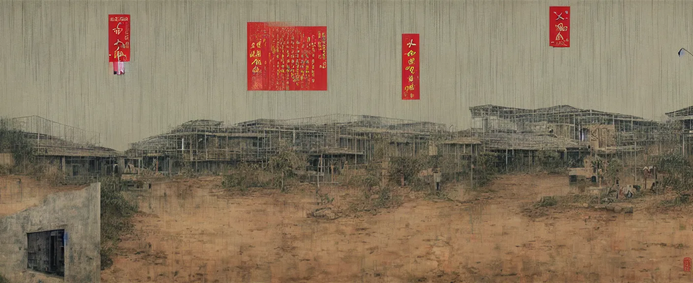 Image similar to a chinese prison near a river by peter doig, 4 k, muted colors, overlaid with chinese adverts