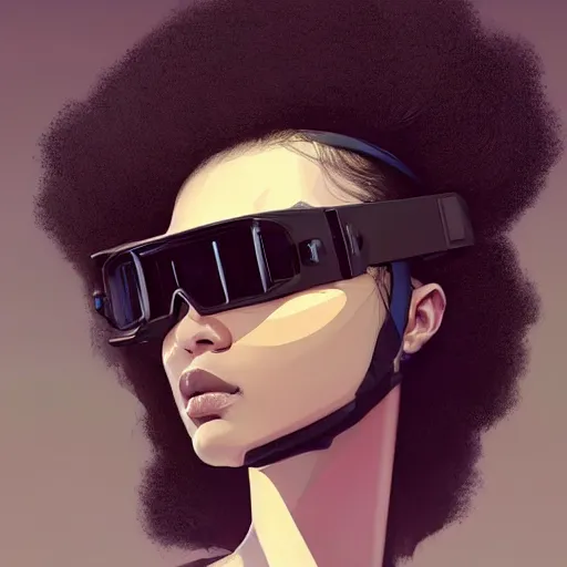 Prompt: Beautiful woman wearing opaque reflective goggles profile picture by Greg Rutkowski, brown skin, long afro hair, asymmetrical, futuristic, cool colors, streetwear, studio ghibli, Organic Painting , Matte Painting, geometric shapes, hard edges, street art, trending on the artstation, fantasy LUT, realistic by Sachin Teng + Martin Grip + Moebius, techwear, Industrial Scifi, detailed illustration, character portrait,