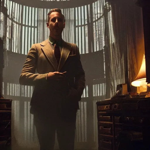 Image similar to a highly detailed cinematic photo from a live - action bioshock movie. andrew ryan, portrayed by ryan gosling, is shown standing in a 1 9 3 0's office with a large desk in front of a floor - to - ceiling window looking out onto the underwater city of rapture shining in the distance, several fish are shown outside of the window