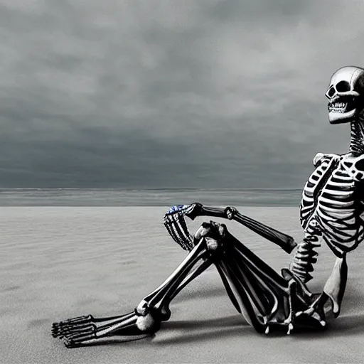 Image similar to highly detailed anatomically accurate skeleton on the beach with nuclear explosion in the background, trending on Artstation