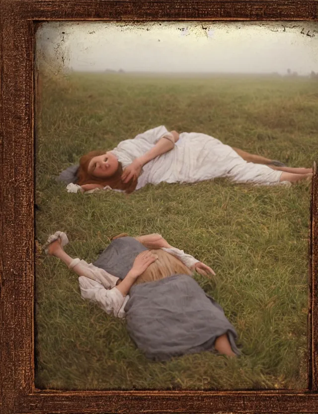 Image similar to peasant girl sleeping with a cow on a farm, cottage core, polaroid photo bleached vintage pastel colors high - key lighting, soft lights, foggy, by steve hanks, by lisa yuskavage, by serov valentin, by tarkovsky, 8 k render, detailed, oil on canvas