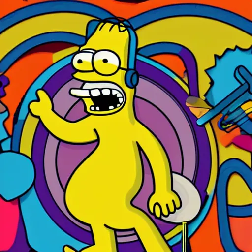 Image similar to svg sticker of a Homer-Simpson at a rave, spinning records, giant headphones rocking out, wearing headphones, huge speakers, dancing, rave, DJ, spinning records, digital art, amazing composition, rule-of-thirds, award-winning, trending on artstation, featured on deviantart