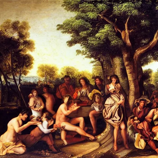 Prompt: A baroque oil-painting of a bunch of humans under trees, in a realistic background. Ancient.