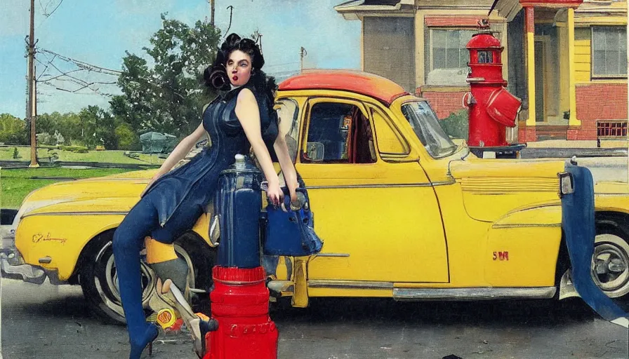 Prompt: a picture of a yellow-car parked next to a red-hydrant with a STYLISH! woman leaning against the car, BEUTIFUL!, surreal, in style of TOM BAGSHAW, painted by Norman Rockwell and Tom Lovell and Frank Schoonover