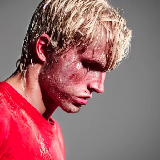 Image similar to sweaty young blond man wearing a sweat soaked red shirt, his hair is wet with sweat and messed up, he is tired and worried