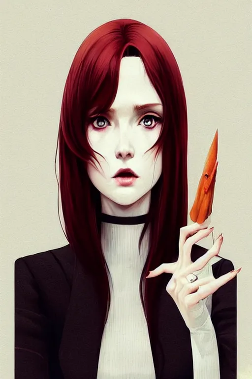 Image similar to beautiful pale vampire with auburn hair in a white turtleneck dress, on a super yacht, by guweiz and wlop and ilya kuvshinov and and moebius, artgerm, symmetrical eyes, aesthetic, gorgeous, stunning, alluring, attractive, half body portrait, artstation, deviantart, pinterest, digital art