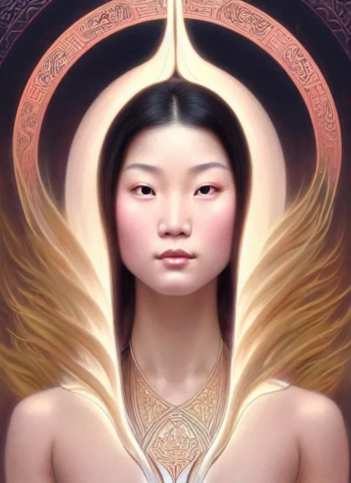 Prompt: perfectly feminine face!! portrait of an asian goddess blessed by a nature goddess with ever - increasing physical mental perfection, blonde, symmetrical! intricate, sensual features, highly detailed, biblical divine holy perfection!! digital painting, artstation, concept art, smooth, sharp focus, illustration, art by artgerm and greg rutkowski and alphonse mucha