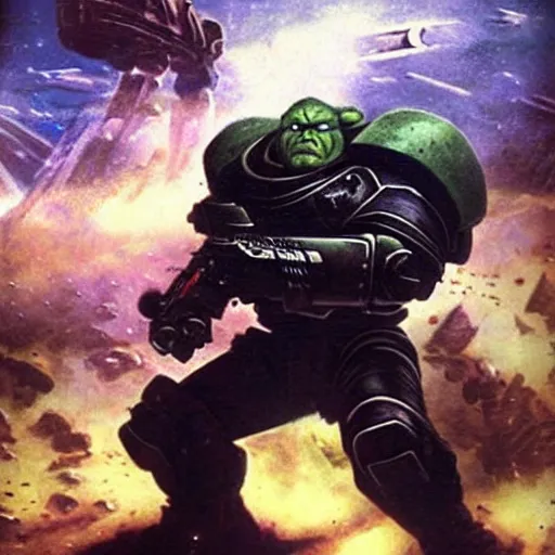 Image similar to Astartes are fighting against space orcs, huge armies, epic battle, a bunch of explosions, bullet tracers, Astartes are very well detailed, orcs are very well detailed, Photo style retro futurism art