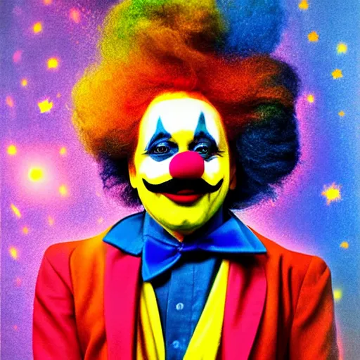 Prompt: UHD photorealistic Cosmic Einstein wearing a clown costume with real clown makeup in the style of tonalism