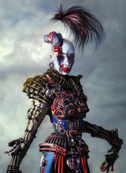 Image similar to portrait of a diabolical cyborg clown samurai girl, hair tail, torn cape, adaptive armor, dynamic pose, heavy eyes to the side, ancient ruins, glowing veins subsurface scattering, in clouds, sunset, portrait, by gerald brom, by mikhail vrubel, by peter elson, muted colors, extreme detail, reflections, trending on artstation, 8 k