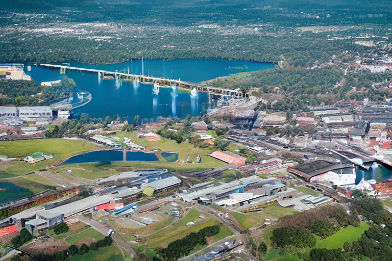 Image similar to bird's eye view photography of a small city. town hall, central farm, monorail station, inlet and shipping dock. hills, woods and pond to the north.