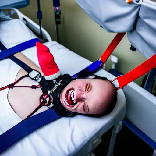 Image similar to confused laughing clown lying in hospital bed with wrist restraints on, restraints have fabric straps attached to hospital bed, photograph, 8 k