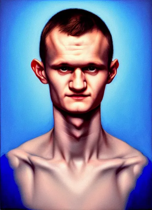 Image similar to vitalik buterin in the style of gottfried helnwein, chiaroscuro intricate composition, blue light by caravaggio, insanely quality, highly detailed, masterpiece, red light, artstation