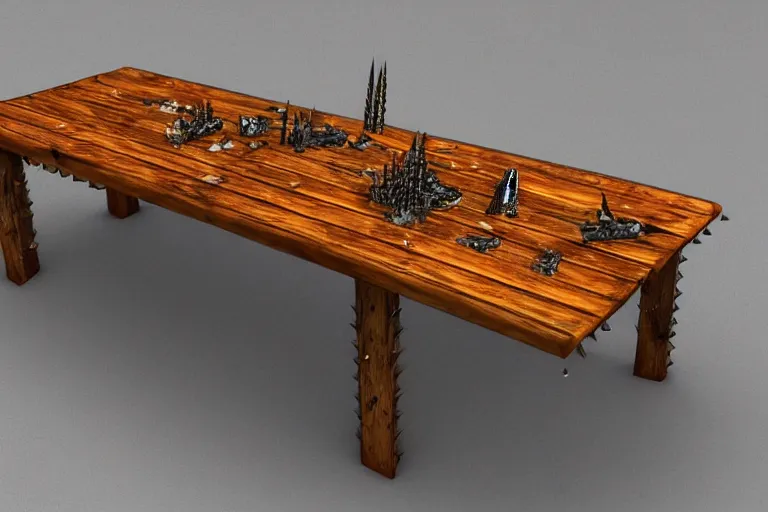 Image similar to a rustic rectangle wooden table with lots of spikes sticking out of it. Dungeons and dragons fantasy digital art, artstation highquality 4k