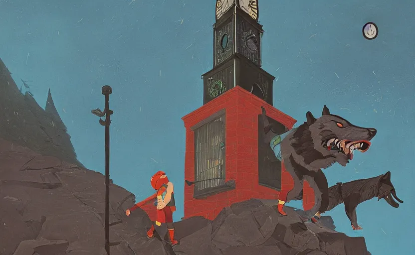 Image similar to a boy fighting a wolf on the edge of a clocktower, by simon stalenhag gouache, print