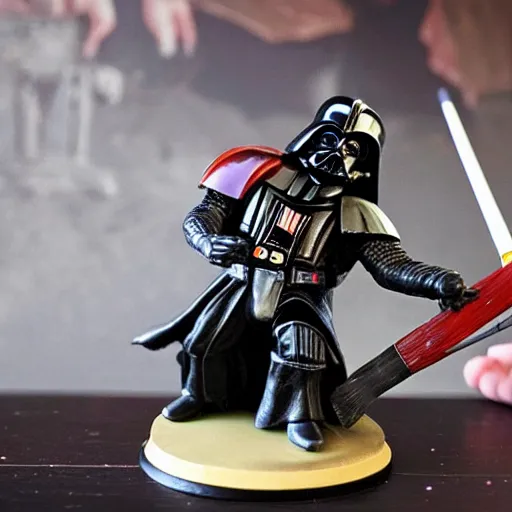 Image similar to large Darth Vader holding a paintbrush which diligently paints miniature figures of a space marine from Warhammer 40,000 at a table with a bright lamp, realism, depth of field, focus on darth vader,