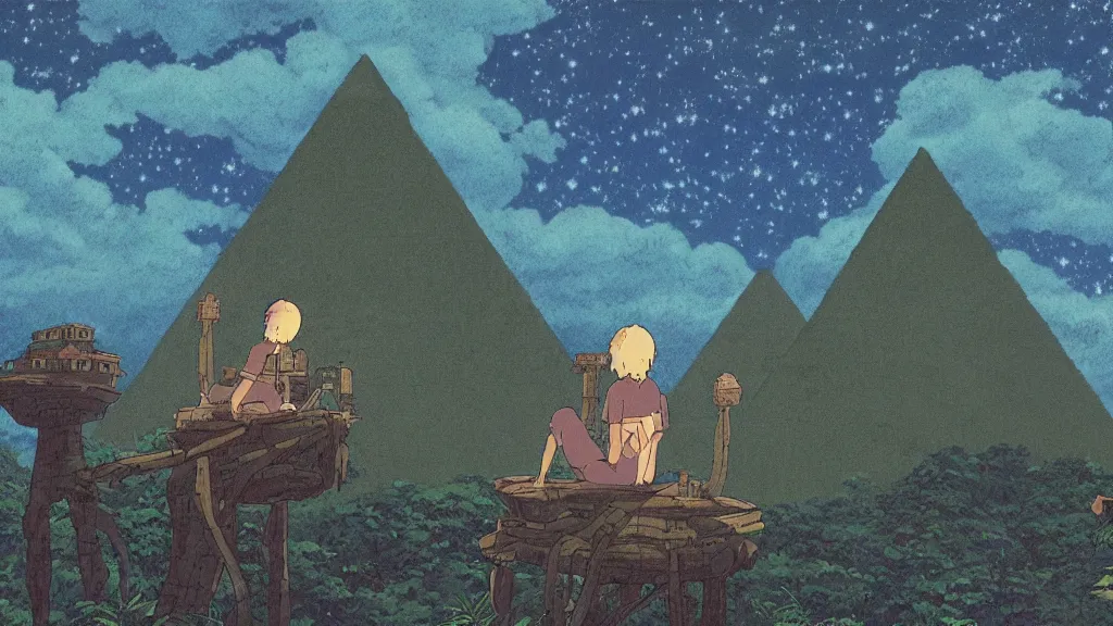 Image similar to a movie still from a studio ghibli film showing a huge demon meditating. a pyramid is under construction in the background, in the rainforest on a misty and starry night. a ufo is in the sky. by studio ghibli