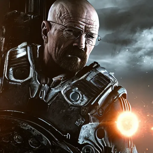 Image similar to Walter White in gears of war, splash art, movie still, detailed face, cinematic lighting, dramatic, octane render, long lens, shallow depth of field, bokeh, anamorphic lens flare, 8k, hyper detailed, 35mm film grain