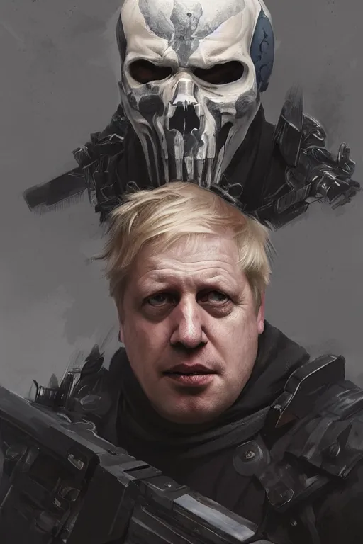 Image similar to Boris Johnson as Punisher, portrait, skull on the armor plate, highly detailed, digital painting, artstation, concept art, smooth, sharp focus, illustration, cinematic lighting, art by artgerm and greg rutkowski and alphonse mucha