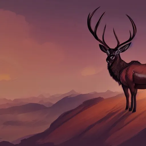 Prompt: Illustration of a stag on a hillock looking over the valley, concept art, ambient light, dynamic lighting