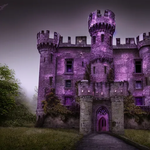 Image similar to abandoned castle, ultra realistic, 8 k, purple fog, dark, ultra detailed, highly detailed, fantastically detailed, professional photography, night time, cinematic